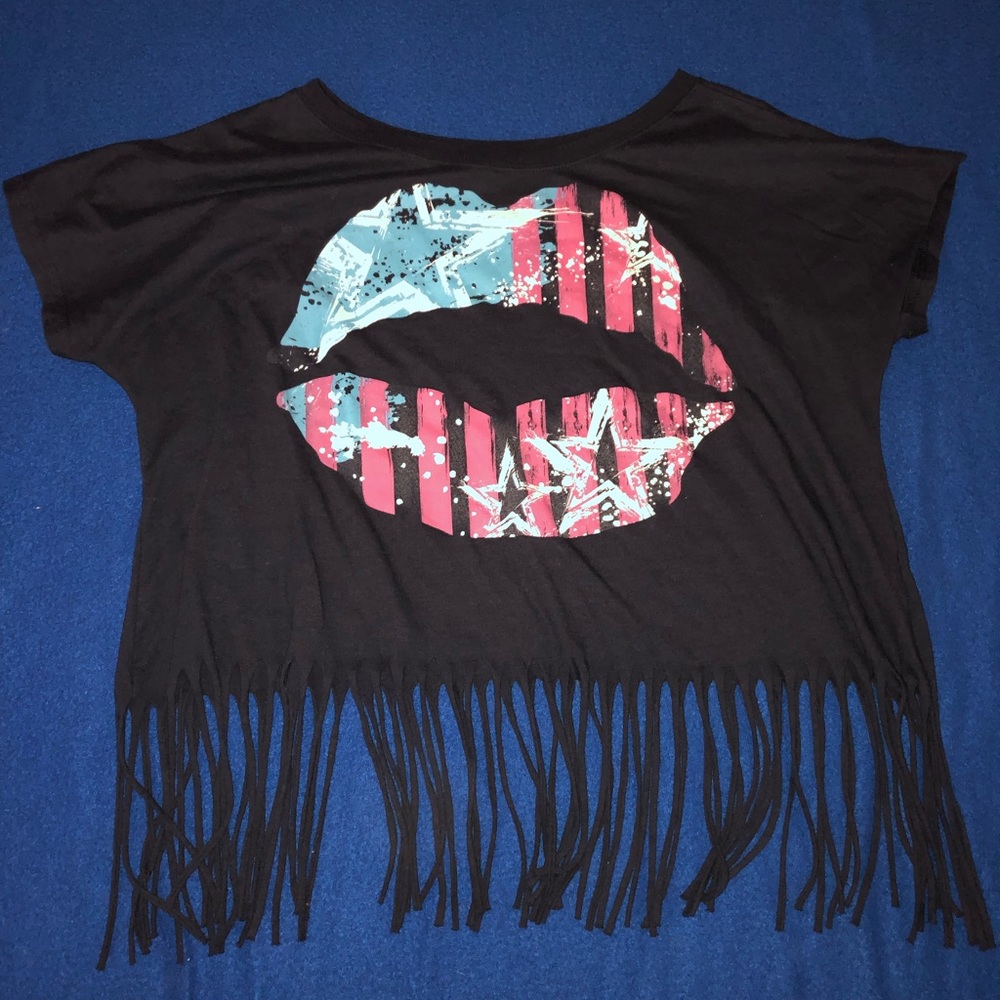 Aeropostale American Flag Lips Fringe Crop Top Tee
